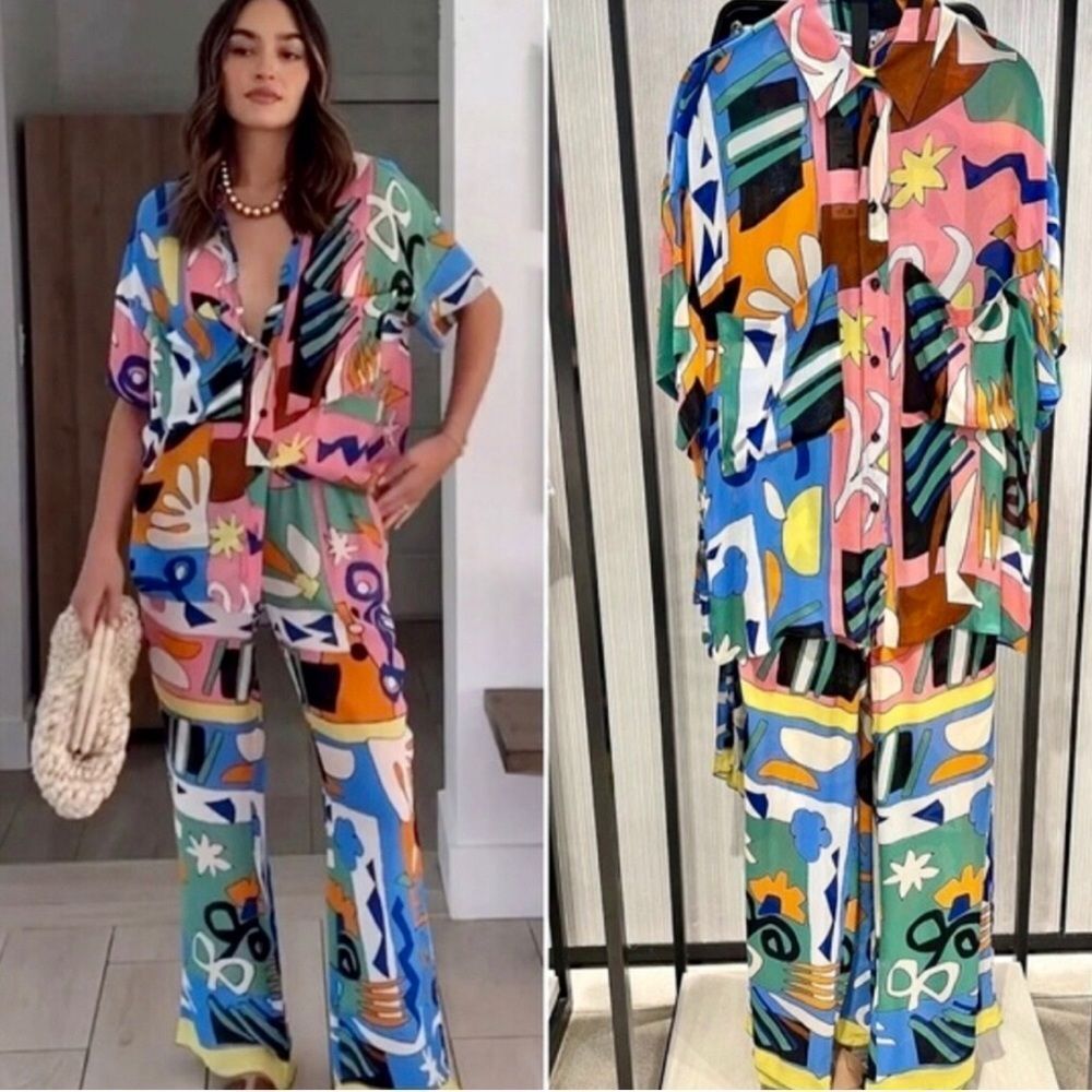 ZARA Pants Wide Leg Abstract Print Drawstring Waist Palazzo Pant Size L
